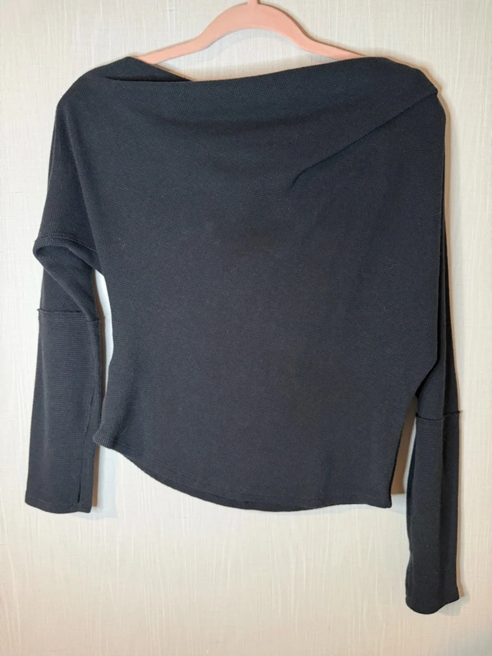 Free People Fuji Thermal‎ Off-Shoulder Black Waffle Knit Top Medium